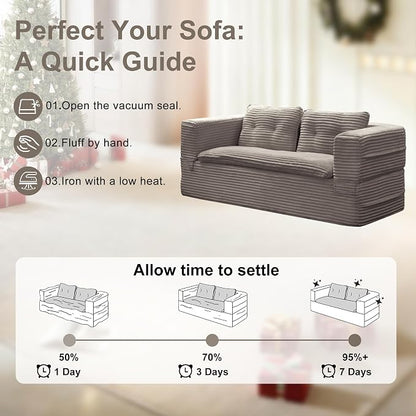 80'' Futon Sofa Bed, King Size Foldable Sleeper Sofa, Corduroy Boneless Loveseat Couch with Chaise Lounge, 3 Pillows, Blanket, Upholstered Sectional Couches for Living Room, Bedroom, Coffee