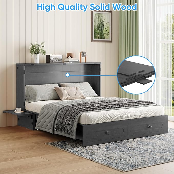 PUREMIND Queen Murphy Bed with Mattress Included, Folding Convertible Bed, Hideaway Cabinet Bed with Storage Drawer & USB Charging Station, Space Saving Wallbed for Small Spaces, Gray