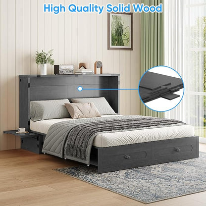 PUREMIND Murphy Bed Queen - Solid Wood - Hideaway Cabinet Bed with Storage Drawers, USB Charging Ports - Space Saving Wallbed for Home, Guest Room, No Mattress Included, Gray