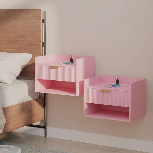 Arbuxzuy Floating Nightstand Set of 2 with Charging Station, Modern Wall Mounted Bedside Table with Drawer & Open Shelf