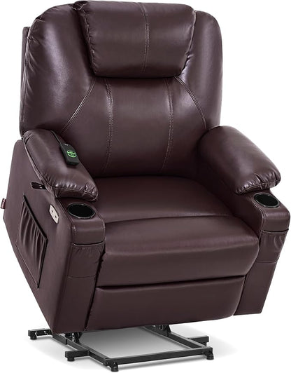 MCombo Extra Wide Power Lift Recliner Chair for Elderly, Lift Chair with Heat and Massage for Big People, USB&Type C Ports, Cup Holders, Faux Leather R7045 (Dark Brown, Medium-Wide)