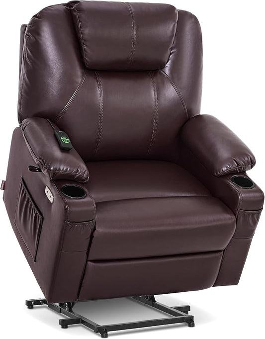 MCombo Extra Wide Power Lift Recliner Chair for Elderly, Lift Chair with Heat and Massage for Big People, USB&Type C Ports, Cup Holders, Faux Leather R7045 (Dark Brown, Medium-Wide)