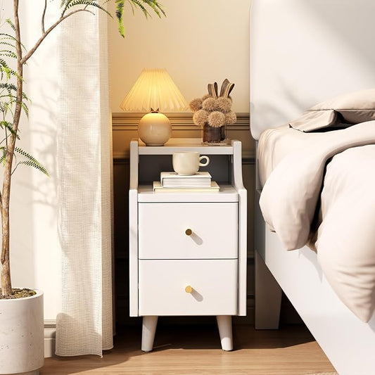 Narrow Nightstand with 2 Drawers,White Nightstand,Bedside Table,Solid Wood Modern Bedside Table for Bedroom,Study,Toilet