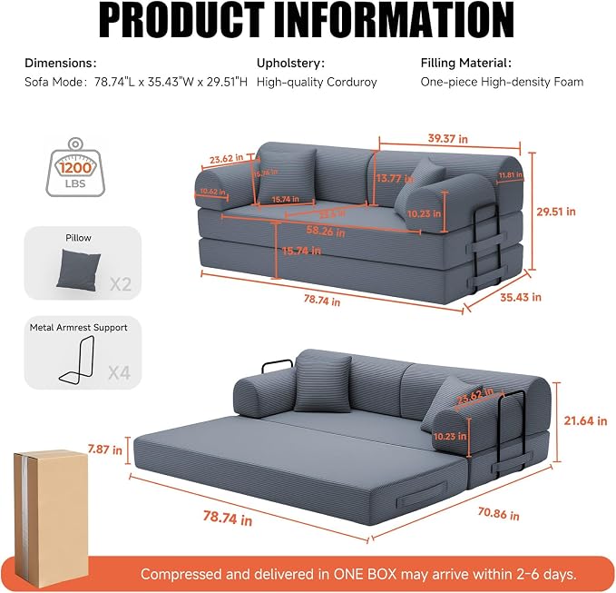 78.8" Boneless Memory Foam Couch, Corduroy Convertible Floor Sofa Bed, Fold-Out Sleeper Futon Loveseat, Wide Armrests & Supportive Back, 1200 lb, Couch in a Box, 2 Pillows, Dark Grey