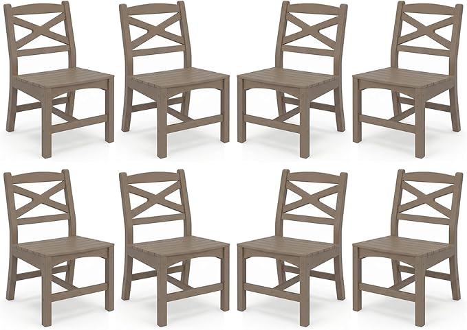 Outdoor Armless Dining Chairs Set of 8,HDPE Patio Chairs with Wide Seat,All-Weather HDPE Patio Armless Chairs for Porch, Backyard, Deck, White Brown, Table not Included