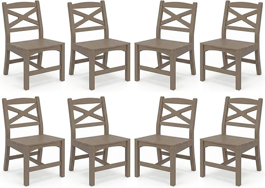 Outdoor Armless Dining Chairs Set of 8,HDPE Patio Chairs with Wide Seat,All-Weather HDPE Patio Armless Chairs for Porch, Backyard, Deck, White Brown, Table not Included