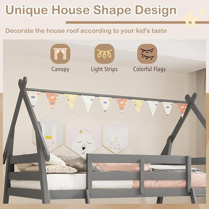 KOTEK Twin Over Queen Bunk Bed, House Bunk Beds with Climbing Nets and Ramp, No Box Spring Needed, Solid Wood Low Bunk Bed Frame for Kids Boys Girls (Grey)