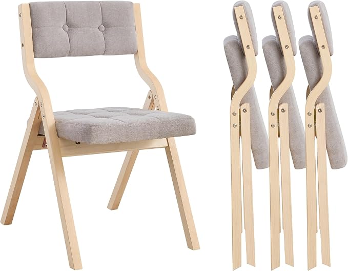 4-Pack Folding Dining Chairs with Cushion,Padded Foldable Dining Chairs,Portable Wooden Folding Chairs with Tufted Buttons Seat for Dining Rooms Kitchen Wedding and Party Indoor Lightgrey