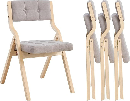 4-Pack Folding Dining Chairs with Cushion,Padded Foldable Dining Chairs,Portable Wooden Folding Chairs with Tufted Buttons Seat for Dining Rooms Kitchen Wedding and Party Indoor Lightgrey