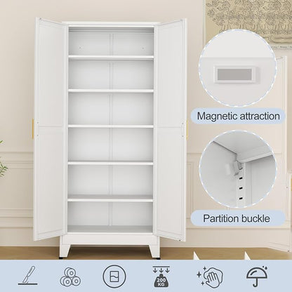 White Metal Storage Cabinet,75" Steel Cabinets for Home Office | Kitchen Pantry Storage Cabinet with Doors and 5 Adjustable Shelves, Tool Cabinets, for Office, Home, Garage, School