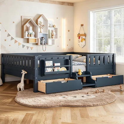 Bellemave Queen Bed with Storage Drawers & Bookshelf, Low Profile Kids Bed Frame with Staircase & Full Length Guardrails, Solid Wood Queen Bed for Kids with Slats Load 550LBS, Easy Assembly, Blue