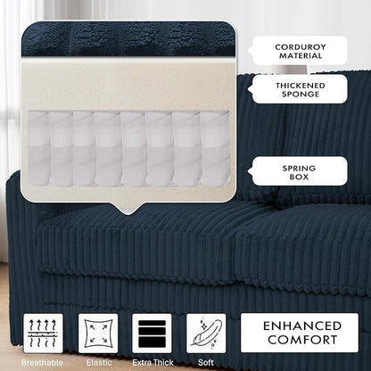 115 Inches Corduroy Sectional Sofa with Storage Ottoman, Modern 7 Seats Corner Couch with Deep Seat, Comfy Modular U Shaped Couch with Comfortable Cushions for Living Room, Blue