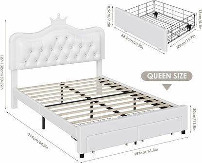 Keyluv Queen Upholstered LED Bed Frame with Storage Drawer, Leather Princess Platform Bed with Adjustable Crystal Button Tufted Crown Headboard, Solid Wooden Slats Support, No Box Spring Needed, White