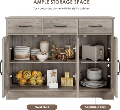 HOSTACK Modern Farmhouse Buffet Sideboard Cabinet, Barn Doors Storage Cabinet with Drawers and Shelves, Wood Coffee Bar with Storage for Dining Room, Kitchen, Living Room, Ash Grey