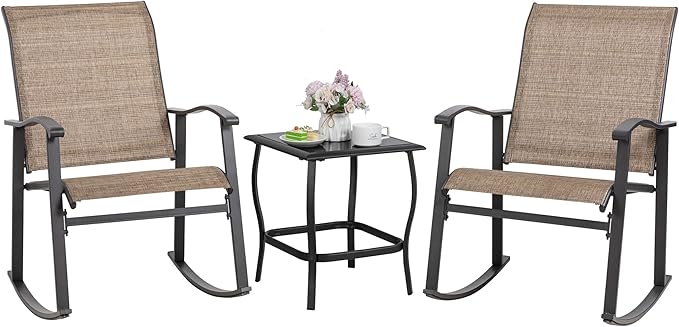 Shintenchi Rocking Chair Outdoor with Table, 3 Piece Rocking Patio Bistro Set, Outdoor Furniture Set with Metal Frame and Textilene Fabric for Small Space, Brown