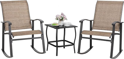 Shintenchi Rocking Chair Outdoor with Table, 3 Piece Rocking Patio Bistro Set, Outdoor Furniture Set with Metal Frame and Textilene Fabric for Small Space, Brown