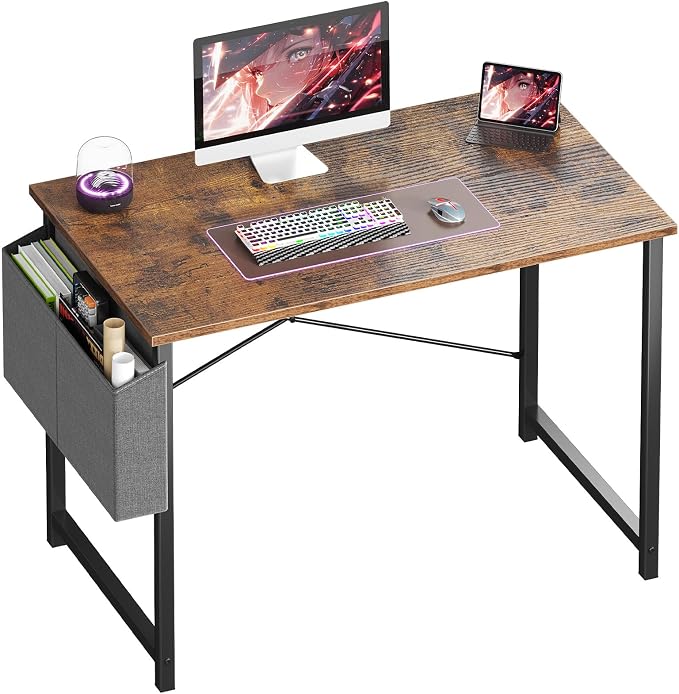 OLIXIS Small Computer Desk, 40 Inch Home Office Desks, Writing Study Craft Work Gaming Table, Computer Workstation for Bedroom Small Spaces with Storage Bag, Rustic Brown