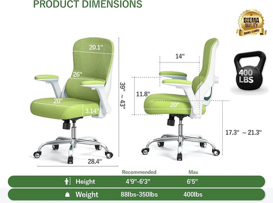 Office Chair Ergonomic Desk Chair Comfy: 400LBS Mesh Computer Chair Ergonomic Gaming Chairs with Wheels Adjustable Lumbar Support and Flip up Armrest-Swivel Executive Chairs Long Hours(Green)
