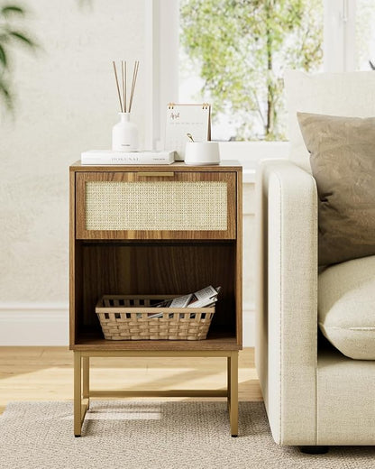 Masupu Rattan Nightstand,Modern Night Stand Boho Farmhouse Wood Bedside Table with Storage Drawer Side End Table for Bedroom, Office,Walnut Brown