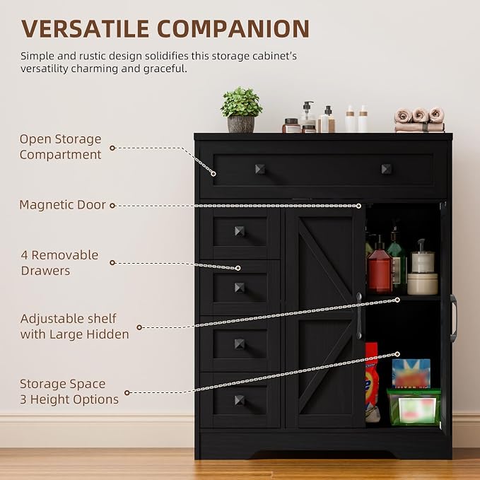 Vabches Farmhouse Storage Cabinet with 2 Doors and 5 Drawers, Freestanding Bathroom Cabinets Kitchen Pantry, Floor Storage Cabinet Hutch Cupboard for Living Room/Bathroom/Kitchen.Pure Black