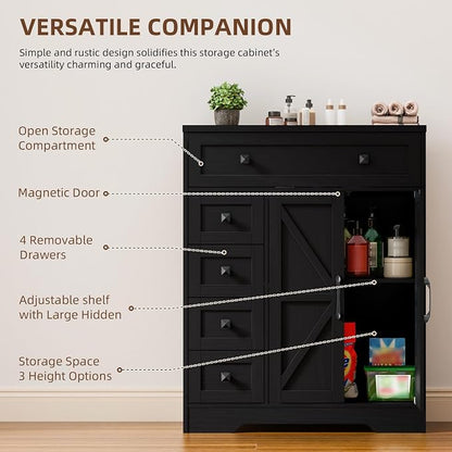 Vabches Farmhouse Storage Cabinet with 2 Doors and 5 Drawers, Freestanding Bathroom Cabinets Kitchen Pantry, Floor Storage Cabinet Hutch Cupboard for Living Room/Bathroom/Kitchen.Pure Black