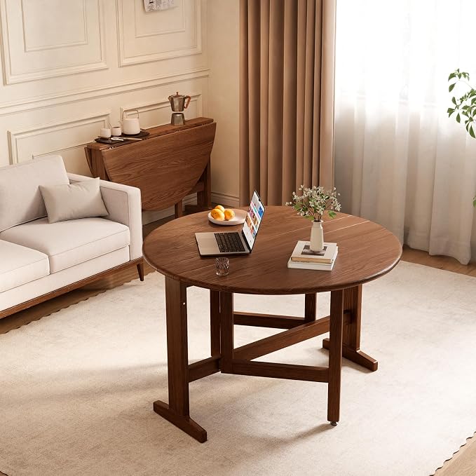 47.2" Solid Wood Small Round Dining Table, 3 in 1 Space Saving Folding Dining Table, Foldable Kitchen Table for 2-6, Round Table with Leaf, Wooden Folding Table Drop Leaf Tables for Small Spaces