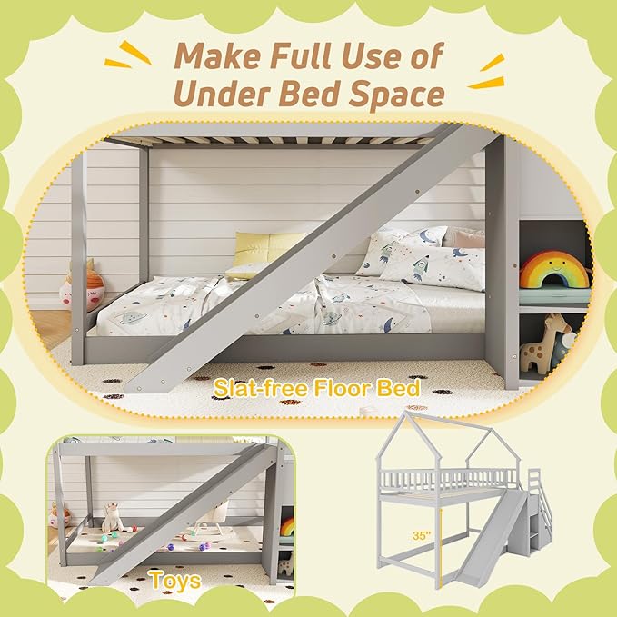 Giantex House Bunk Bed Twin Over Twin with Slide & Stairs, Wood Bunk Bed with Storage Shelves, No Box Spring Needed, Twin Floor Bed for Kids Teens Boys Girls (Grey)