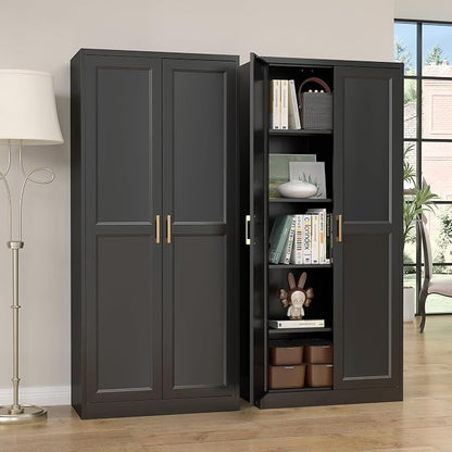 SteeLoong Kitchen Pantry Cabinet,71”Black Metal Pantry Storage Cabinet with Doors and 4 Adjustable Shelves,Kitchen Cabinet with 2 Gold Handles,Tall Cabinet for Livingroom,Pantry, Bathroom