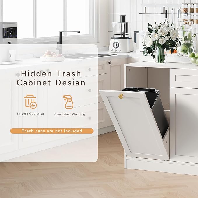 ONBRILL 63" Kitchen Island with Storage, Island Table with Power Outlet & Trash Cabinet, Kitchen Island with Marble Countertop for Kitchen, Dining Room, Living Room, White