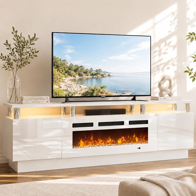 70" TV Stand for Living Room, Entertainment Center & Media Console with Storage, Fits TVs up to 80", Modern TV Cabinet with Shelves, 36" Electric Fireplace (All White)