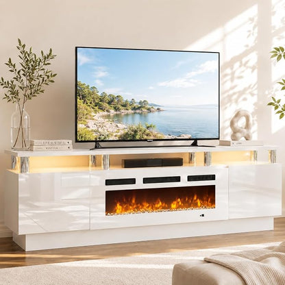 70" TV Stand for Living Room, Entertainment Center & Media Console with Storage, Fits TVs up to 80", Modern TV Cabinet with Shelves, 36" Electric Fireplace (All White)