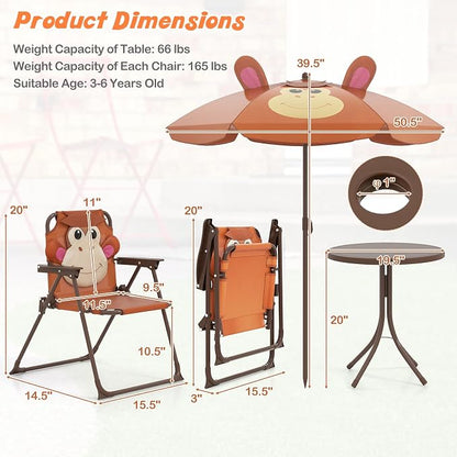 HONEY JOY Kids Picnic Table, Animal Themed Toddler Outdoor Table and Chair Set, 2 Folding Chairs & Removable Umbrella, Children Outdoor Furniture for Backyard Patio Garden (Brown Monkey)