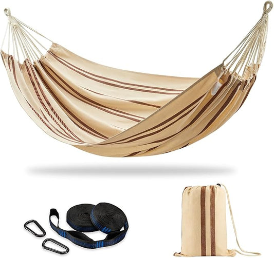 CHULIM Brazilian Double Hammock with Tree Straps,Extra Large 94x63IN,2 Persons Hammock for Backyard Patio Outdoor and Indoor,450lbs Weight Capacity,Soft Woven Cotton Fabric - Beige Brown Stripe