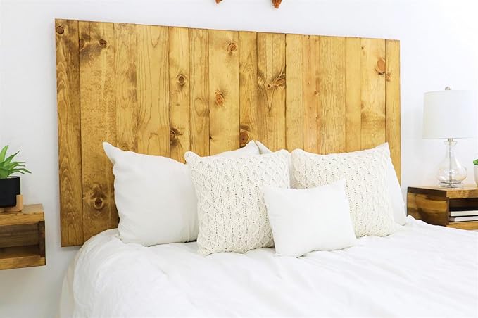 Barn Walls Solid Wood Queen Size Headboard, Golden Brown Stain with Smooth Natural Wood Grain Variation, Handcrafted Head Board Wall-Mounted Panels, Rustic Modern Bedroom, Built to Last