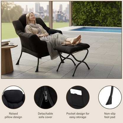 Welnow Lazy Chair with Ottoman, Modern Accent Chair with Armrests and a Side Pocket, Leisure Sofa Armchair Set, Reading Armchair with Footrest for Small Space, Black