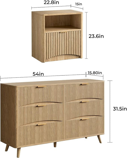 Evermagin 3-Piece Bedroom Furniture Set for Bedroom, 55" Wide Fluted 6-Drawer Dresser with 2 Nightstands, Mid-Century Modern Dresser and Nightstand Set (Natural)