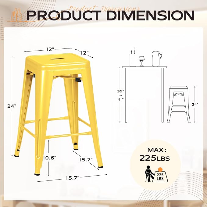 Furmax 24 Inch Metal Bar Stools Set of 4, Counter Height Bar Stools Height High Backless Stools Industrial Stackable Bar Chairs for Dining Room Kitchen Indoor Outdoor Stools Bar Chairs (Yellow)