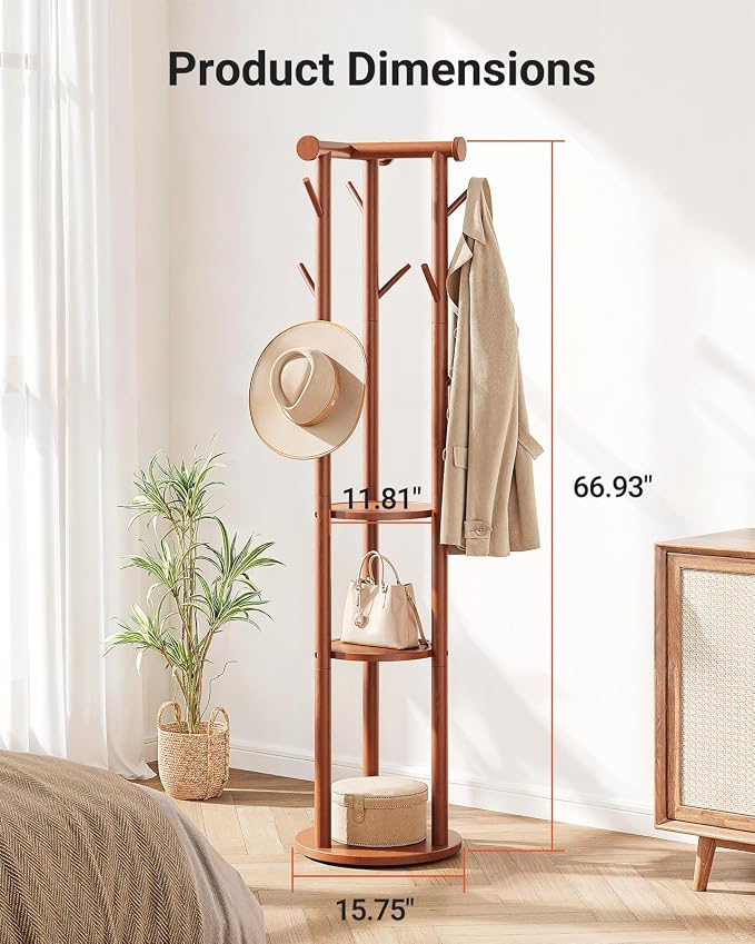 Pipishell Solid Wood Freestanding Coat Rack, Coat Tree with 5 Wheels, Wooden Coat Stand with 9 Hooks & 3-Tier Shelves for Entryway, Bedroom, Hallway, Living Room