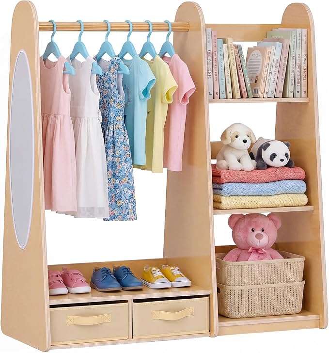 VEVOR Kids Dress Up Storage, with Mirror, Dress Up Closet, Toddler Wardrobe Closet for Little Girls, Armoire with Shelves & Bottom Tray, Costume Organizer, Toddler Room Furniture, for Bedroom, Natural