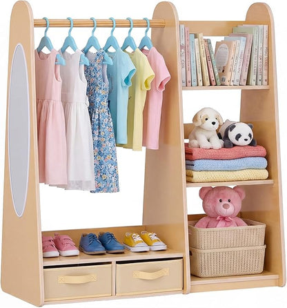 VEVOR Kids Dress Up Storage, with Mirror, Dress Up Closet, Toddler Wardrobe Closet for Little Girls, Armoire with Shelves & Bottom Tray, Costume Organizer, Toddler Room Furniture, for Bedroom, Natural