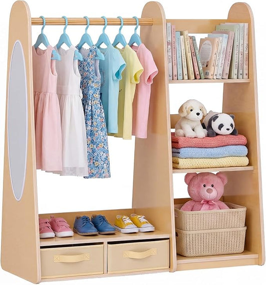 VEVOR Kids Dress Up Storage, with Mirror, Dress Up Closet, Toddler Wardrobe Closet for Little Girls, Armoire with Shelves & Bottom Tray, Costume Organizer, Toddler Room Furniture, for Bedroom, Natural