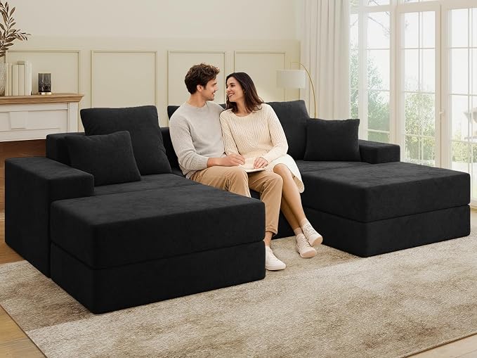 Living&Giving 101" U-Shaped Cloud Sectional Couch for Living Room, Cloud Boneless Couch-No Assembly with Reversible Chaise, Customizable 3-Seat Modular Sectional Sofa with 2 Ottoman, Black
