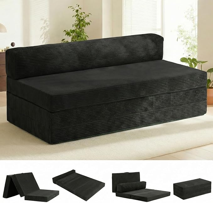 5-in-1 Convertible Sofa Bed, Boneless Loveseat with Removable Cushions & Washable Cover, Futon Sofa Bed with Handle, Pull Out Couch for Small Spaces, King Size, Black