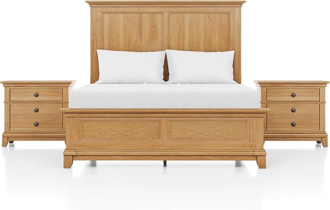 Furniture of America Yardley Farmhouse Solid Wood 3-Piece Bedroom Collection with Panel Bed and Nightstands Set of 2, Box Spring Required for Bedroom, Guess Room, Full, Natural Oak