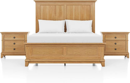 Furniture of America Yardley Farmhouse Solid Wood 3-Piece Bedroom Collection with Panel Bed and Nightstands Set of 2, Box Spring Required for Bedroom, Guess Room, Full, Natural Oak