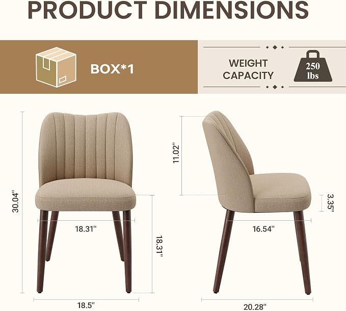 Upholstered Dining Chairs Set of 2, Modern Fabric Dining Chairs with Curved Backrest & Solid Rubber Wood Legs, Padded Kitchen Dining Room Chairs for Restaurant Cafe, Camel