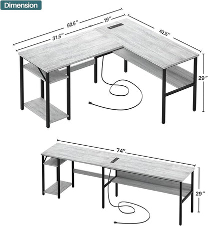 Unikito L Shaped Computer Desk with Magic Power Outlets and USB Charging Ports, Sturdy Reversible Corner Desk with Storage Shelves, Modern Work Desk for Home Office, Easy to Assemble, White Oak