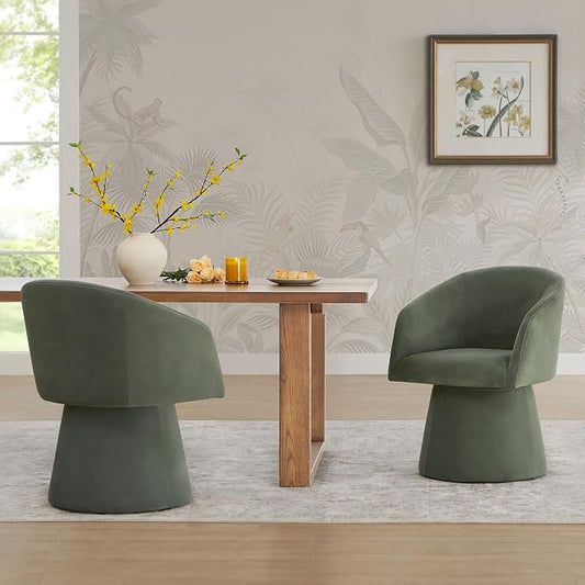KISLOT Swivel Dining Chairs Set of 2, Upholstered Mid Century Modern Deskchair with Barrel Back, Linen Fabric Kitchen Chairs for Dining Room, Bedroom, Dressing Room, Green