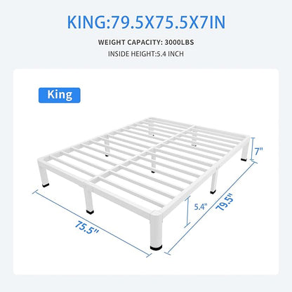 MAF 7 Inch King Metal Platform Bed Frame White with Round Corner Legs, Mattress Slide Stopper, 3000 LBS Heavy Duty Steel Slats Support, Noise Free, No Box Spring Needed, Easy Assembly