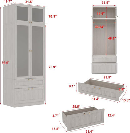 MOUMON Tall Wardrobe with Drawers, Modern Bedroom Armoires with Frosted Glass Doors and Hanging Rod, Armoire Wardrobe Closet with Gold Knobs, Wood Grain 31.5" W x 19.9" D x 86.6" H